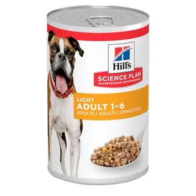 Konzerva Hill's Science Plan Light Adult 1–6 s obrázkem psa a porcí krmiva, text: VETERINARIAN RECOMMENDED, ADULTE/ADULTI/ERWACHSEN.