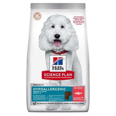 Hill's Science Plan Hypoallergenic Medium 11–25 kg Adult 1–6, bez žitarica, losos #1 protein, za pse s osjetljivom kožom i želucem. Ne sadrži umjetne boje ni arome.