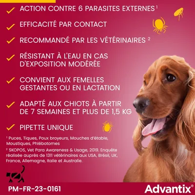Advantix : action contre 6 parasites externes, efficacité par contact, recommandé par les vétérinaires, résistant à l'eau, adapté aux chiots dès 7 semaines et femelles gestantes, pipette unique.