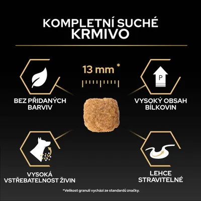 Kompletné suché krmivo, veľkosť 13 mm, bez farbív, vysoký obsah bielkovín, vysoká absorpcia živín, ľahko stráviteľné.
