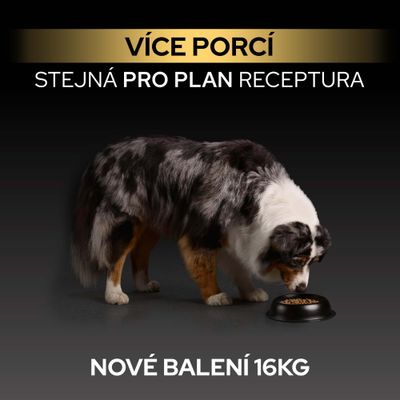 PRO PLAN receptúra, nové balenie 16 kg, viac porcií. Pes žerie z misky.