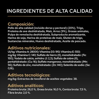 Lista de ingredientes y valores de análisis: composición, aditivos nutricionales, aditivos tecnológicos y componentes analíticos con porcentajes exactos.