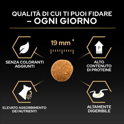 Crocchette con diametro di 19 mm, senza coloranti, alto contenuto proteico, elevato assorbimento dei nutrienti, facilmente digeribili.