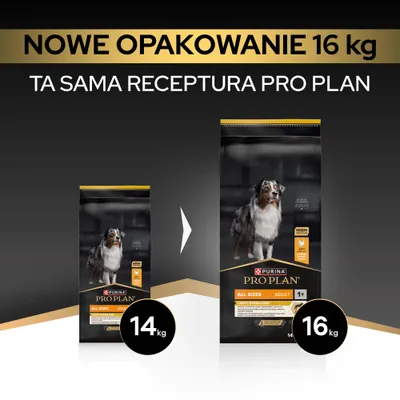 Purina Pro Plan Adult Wszystkie Rozmiary, nowe opakowanie: z 14, kg na 16, kg, ta sama receptura. Purina Pro Plan Adult Wszystkie Rozmiary, nowe opakowanie: z 14, kg na 16, kg, ta sama receptura.