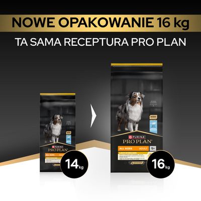 Purina Pro Plan All Sizes Adult Light/Sterilised: nowe opakowanie, 16 kg, ta sama receptura co wcześniej, dotychczas 14 kg.
