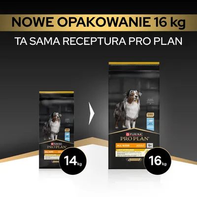 Purina Pro Plan All Sizes Adult Light/Sterilised: nowe opakowanie, 16 kg, ta sama receptura co wcześniej, dotychczas 14 kg.