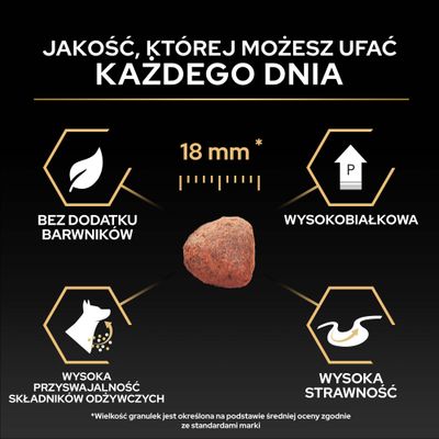 Kawałek karmy o rozmiarze 18 mm, bez barwników, o wysokiej zawartości białka, wysokiej przyswajalności składników odżywczych oraz wysokiej strawności zgodnie z opisem produktu.