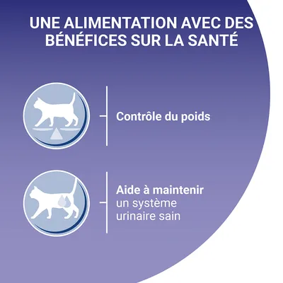 Testo in francese: 'Une alimentation avec des bénéfices sur la santé. Contrôle du poids. Aide à maintenir un système urinaire sain.'