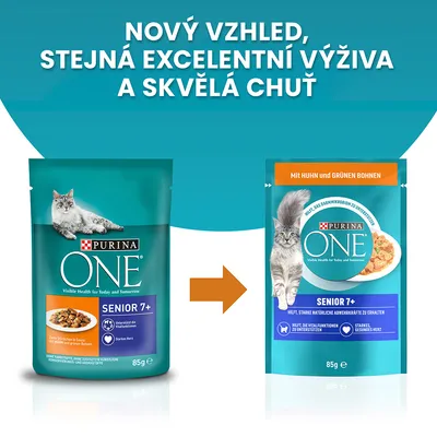 Porovnanie starého a nového balenia PURINA ONE Senior 7+ pre mačky, 85 g. Text v češtine: Nový vzhled, stejná excelentní výživa a skvělá chuť.