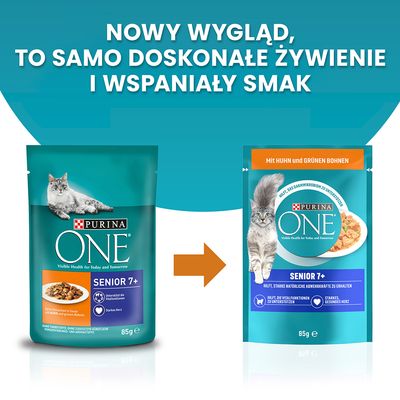 Purina ONE Senior 7+ 85 g – zmiana opakowania. Po lewej stare, po prawej nowe opakowanie z widocznym kotem i informacją: Mit Huhn und grünen Bohnen. Tekst: Nowy wygląd, to samo żywienie.