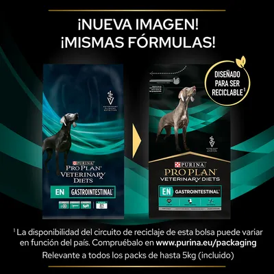 Comparativa de dos envases de PURINA PRO PLAN VETERINARY DIETS EN GASTROINTESTINAL para perros, con texto: '¡Nueva imagen! ¡Mismas fórmulas!' y 'Diseñado para ser reciclable'.