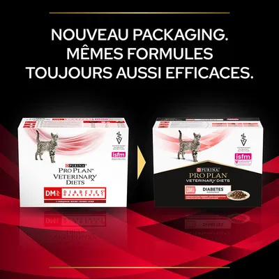Nouveau packaging Purina Pro Plan Veterinary Diets DM Diabetes Management pour chat, mêmes formules. Deux boîtes visibles avec logos vétérinaire et isfm.