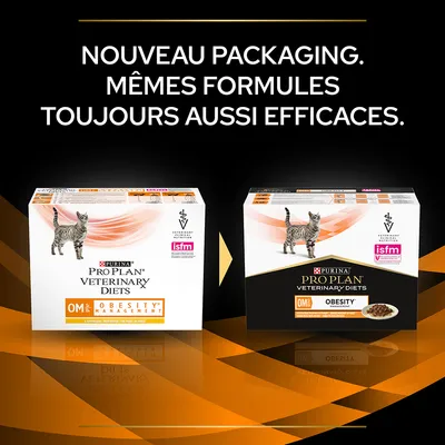 Nouveau packaging Purina Pro Plan Veterinary Diets OM Obesity Management pour chat, mêmes formules. Deux boîtes montrées avec logos vétérinaires et ISFM visibles.
