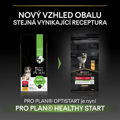 Porovnanie starého a nového balenia Purina Pro Plan pre šteňatá: OptiStart sa mení na Healthy Start. Text v češtine: Nový vzhled obalu, stejná vynikající receptura.