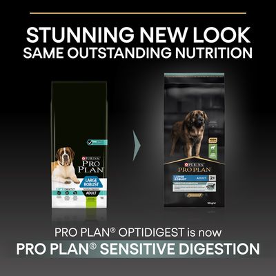 PRO PLAN OPTIDIGEST er nu PRO PLAN SENSITIVE DIGESTION. Billede af to hundefoderposer: gammel og ny emballage, begge til Large Robust Adult med Sensitive Digestion.