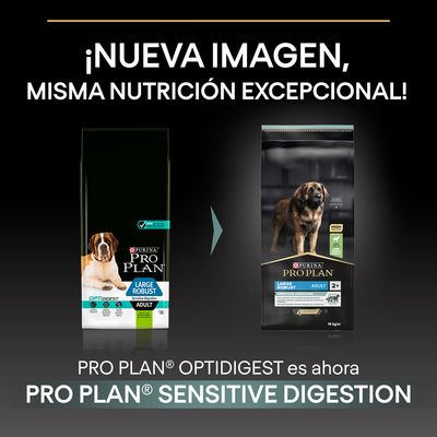 Pro Plan Optidigest cambia de nombre a Pro Plan Sensitive Digestion. Imagen comparativa de ambos envases para perros adultos Large Robust.