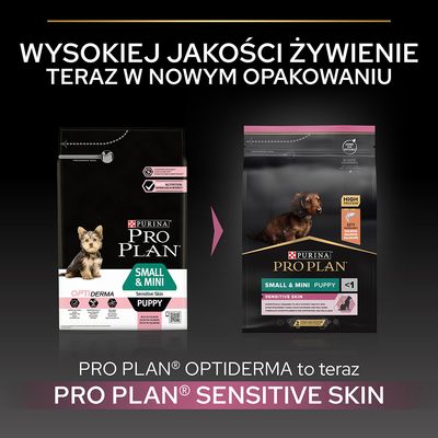Zmiana opakowania karmy Purina Pro Plan Small & Mini Puppy z Optiderma Sensitive Skin na Sensitive Skin. Widoczne oba opakowania i informacja o wysokiej jakości żywieniu.