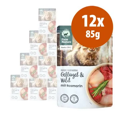 Confezione da 12 buste Pure Nature Senior Geflügel & Wild mit Rosmarin, 85 g ciascuna. Testo in tedesco visibile sulla confezione.