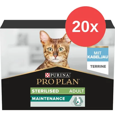 Balení PURINA PRO PLAN Sterilised Adult Maintenance, 20x, mit Kabeljau, terrine. Na obalu je obrázek kočky. Balení PURINA PRO PLAN Sterilised Adult Maintenance, 20x, mit Kabeljau, terrine. Na obalu je obrázek kočky.