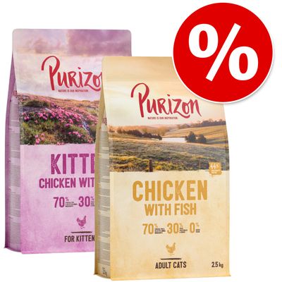 Übergangsset! Purizon- getreidefrei für Kitten und erwachsene Katzen 2,5 kg Kitten Huhn & Fisch  + 2,5 kg Adult Wildschwein & Huhn