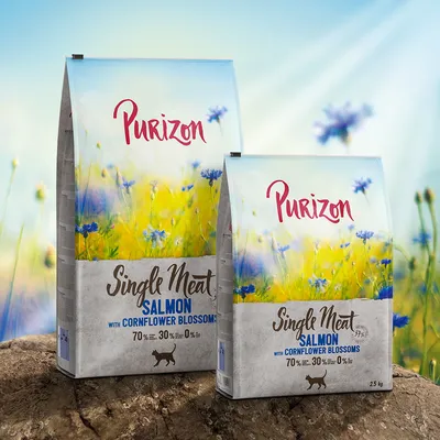 Purizon Single Meat Salmon z chabrem, 70% mięsa, 30% warzyw, 0% zbóż. Sucha karma dla kotów, opakowanie 2,5 kg.
