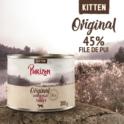 Conservă Purizon Kitten Original, 200 g, 45% file de pui, 14% chicken fillet with turkey. Text vizibil: KITTEN, Original, 45% FILE DE PUI. Conservă Purizon Kitten Original, 200 g, 45% file de pui, 14% chicken fillet with turkey. Text vizibil: KITTEN, Original, 45% FILE DE PUI.