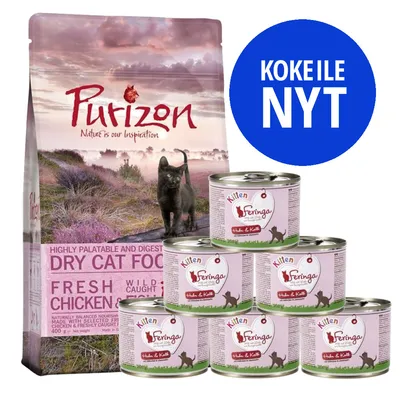 Purizon-kuivaruokapakkaus ja kuusi Feringa Kitten -märkäruokapurkkia. Sininen ympyrä, jossa teksti: KOKEILE NYT. Purizon-kuivaruokapakkaus ja kuusi Feringa Kitten -märkäruokapurkkia. Sininen ympyrä, jossa teksti: KOKEILE NYT.