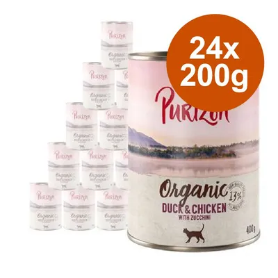 Purizon Organic Duck & Chicken with Zucchini, confezione da 24x200g. Testo visibile: 13%, 400g. Immagine di più lattine con etichetta Purizon.