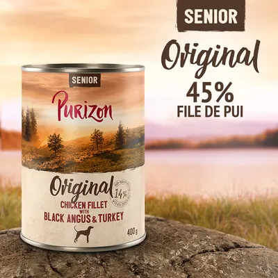 Conservă Purizon Senior Original, 45% file de pui, chicken fillet with Black Angus & Turkey, 400 g. Text vizibil: 14% high-quality content.