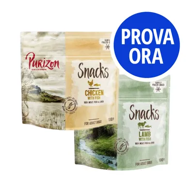 Due confezioni Purizon Snacks: Chicken with Fish 100 g e Lamb with Fish 100 g, per cani adulti. Bollino blu con testo 'PROVA ORA'.