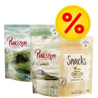 Purizon Snacks Chicken with Fish, 100 g. Dvě balení Purizon, jedno s nápisem Snacks Chicken with Fish, druhé bez detailního popisu. Žlutý symbol procenta v pravém horním rohu. Purizon Snacks Chicken with Fish, 100 g. Dvě balení Purizon, jedno s nápisem Snacks Chicken with Fish, druhé bez detailního popisu. Žlutý symbol procenta v pravém horním rohu.