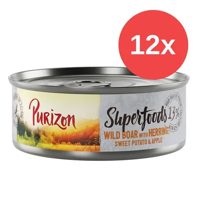 Confezione da 12 Purizon Superfoods, cinghiale con aringa, patata dolce e mela. Testo visibile: 13%.