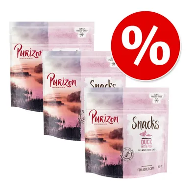 Purizon Snacks Duck with Fish, 100% meat, fish & liver, gently freeze-dried, for adult cats, visible on three packs. Large red percentage discount symbol top right.