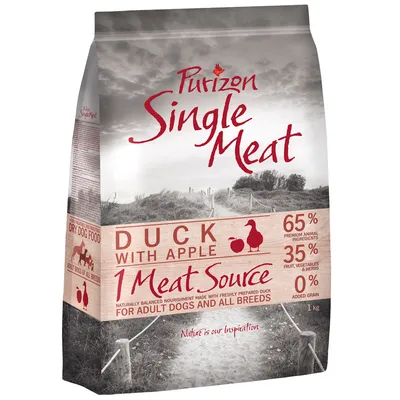 Purizon Single Meat droogvoer voor honden, eend met appel, 65% dierlijke ingrediënten, 35% fruit en kruiden, 0% granen, geschikt voor volwassen honden van alle rassen, verpakkingsgrootte 1 kg.