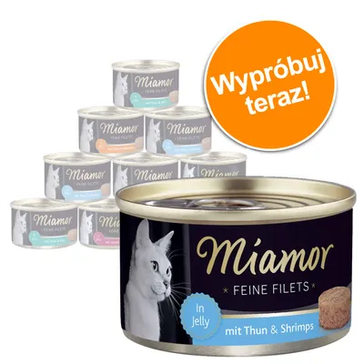 Miamor Feine Filets In Jelly mit Thun & Shrimps, kilka puszek karmy dla kotów. Pomarańczowe kółko z napisem: Wypróbuj teraz!