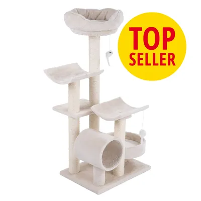 Rascador beige para gatos con varios niveles, túnel y juguetes colgantes. Texto visible: TOP SELLER en círculo amarillo.