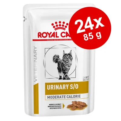 Royal Canin Urinary S/O Moderate Calorie kattefoder, 24 x 85 g. Billede af kat og foderstykker i sovs på emballagen. Tekst: VETERINARY, Morsels in Gravy.