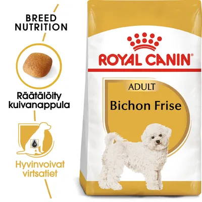 Royal Canin Adult Bichon Frise -koiranruokapakkaus, tekstit: Räätälöity kuivanappula, Hyvinvoivat virtsatiet, kuva nappulasta ja bichon frise -koirasta.