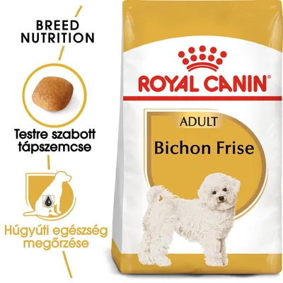 Royal Canin Adult Bichon Frise kutyatáp csomag, testre szabott tápszemcse, húgyúti egészség megőrzése feliratokkal, fehér bichon frise kutya képe a csomagon.