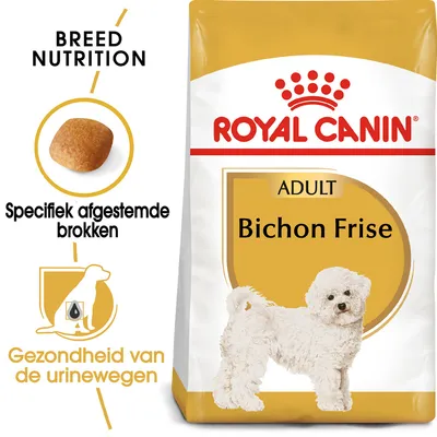 Royal Canin Adult Bichon Frise hondenvoer, specifiek afgestemde brokken, gezondheid van de urinewegen, afbeelding van een witte Bichon Frise hond op de verpakking.