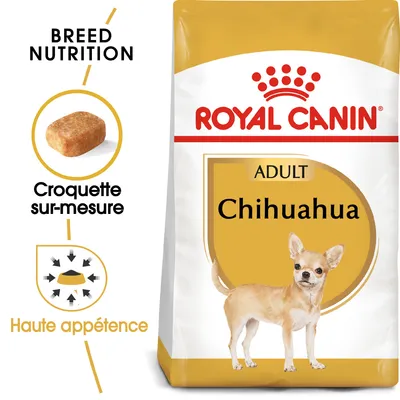 Sac de croquettes Royal Canin Adult Chihuahua, texte visible : Croquette sur-mesure, Haute appétence, Breed Nutrition, image d’un chihuahua et d’une croquette.