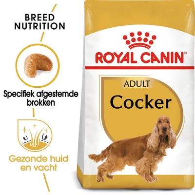 Royal Canin Adult Cocker hondenvoer, verpakking met afbeelding van een cocker spaniel. Tekst: Specifiek afgestemde brokken, Gezonde huid en vacht, Breed Nutrition.
