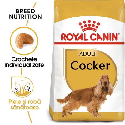 Hrană uscată Royal Canin Adult Cocker, imagine cu croșetă individualizată, text: Crochete individualizate, Piele și robă sănătoase, câine Cocker pe ambalaj.