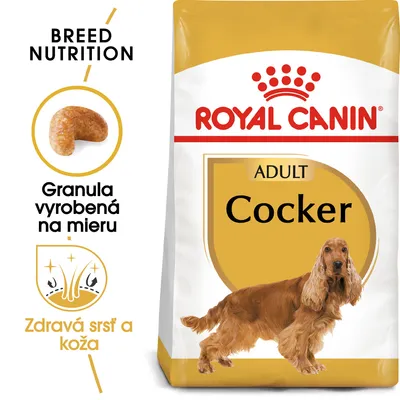 Balenie krmiva Royal Canin Adult Cocker, zobrazená granula na mieru, text: Granula vyrobená na mieru, Zdravá srsť a koža, Breed Nutrition.