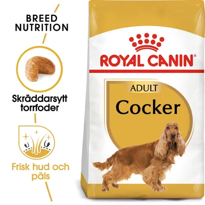 Royal Canin Adult Cocker torrfoder, text: Skräddarsytt torrfoder, Frisk hud och päls, Breed Nutrition. Bild på foderbit och cocker spaniel.