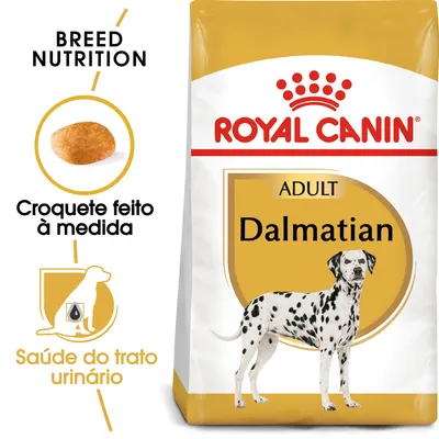 Embalagem de ração Royal Canin Adult Dalmatian, texto visível: 'Croquete feito à medida', 'Saúde do trato urinário', imagem de croquete e ilustração de dálmata.