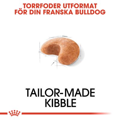 Text: Torrfoder utformat för din franska bulldog. Bild på en formad foderbit. Text: Tailor-made kibble.