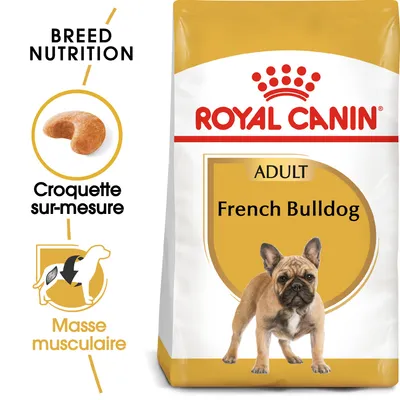 Sac de croquettes Royal Canin Adult French Bulldog, texte visible : Croquette sur-mesure, Masse musculaire, Breed Nutrition. Image d’une croquette et d’un chien.