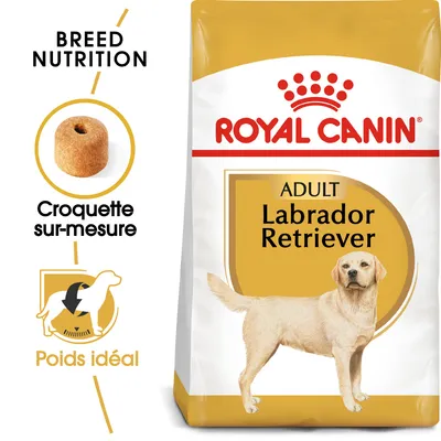 Sachet Royal Canin ADULT Labrador Retriever, croquette sur-mesure, mention Poids idéal, image d’un Labrador et croquette visible. Texte partiellement en anglais et français.