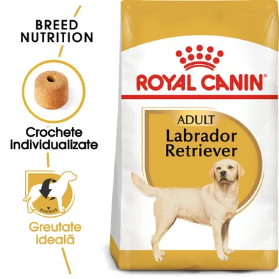 Pachet Royal Canin Adult Labrador Retriever, text vizibil: Crochete individualizate, Greutate ideală, imagine croșetă și siluetă câine. Text în engleză: Breed Nutrition.
